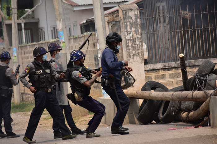Taunggyi, Myanmar - 11 March 2021: Myanmar military cracks down on peaceful protesters.