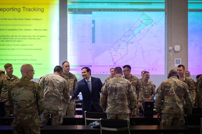 US Secretary of State Marco Rubio visit at a US military base in Kiryat Gat, on October 24, 2025.
