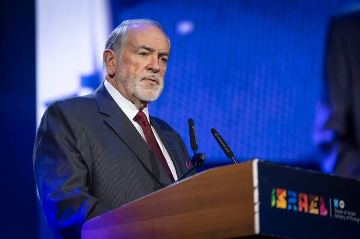 US Ambassador to Israel Mike Huckabee speaks during the FOZ Ambassadors Summit in Jerusalem, December 7, 2025.