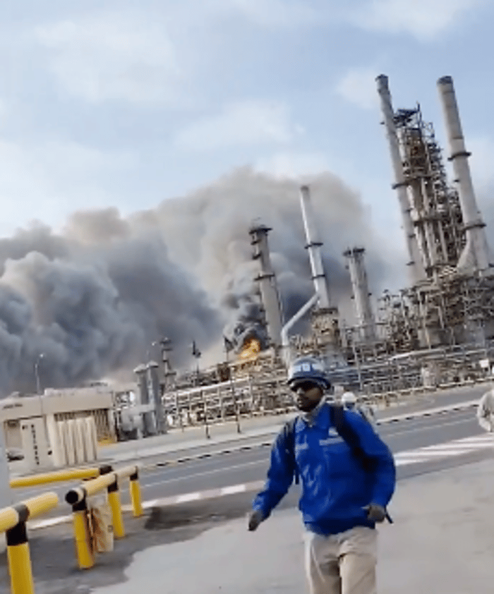 WORKERS EVACUATE AS SAUDI ARAMCO REPORTEDLY BURNING AFTER IRANIAN BALLISTIC MISSILE STRIKE