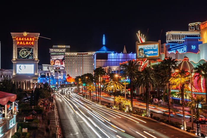 Long exposure photo of the Las Vegas strip at night.