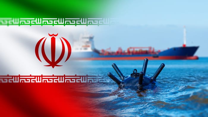 Oil tanker and naval mine symbolize shipping risk, sanctions and Persian Gulf conflict