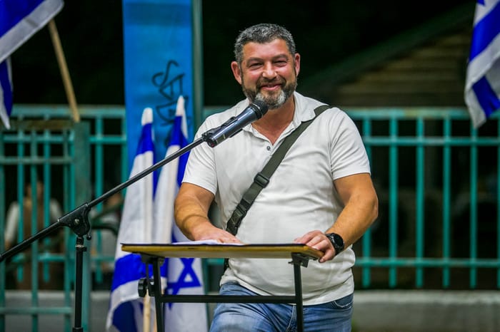 Brig. General (res.) Ofer Winter speaks during Jerusalem day event in Ariel, in the West Bank, June 4, 2024.