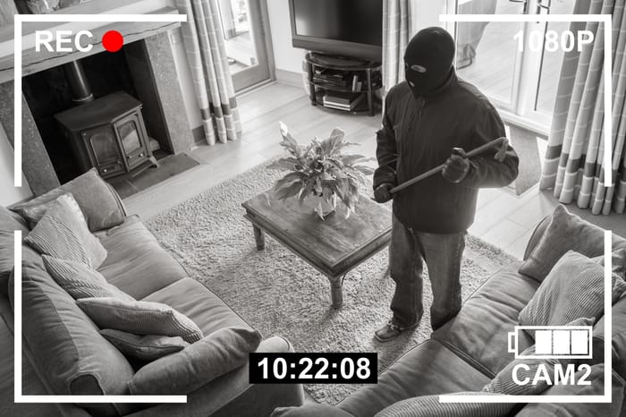 CCTV surveillance security camera of burglar breaking into home via back door window with crowbar (house robbery concept)