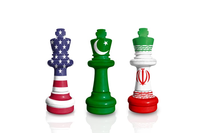 Chess made from USA, Pakistan and Iran flags 