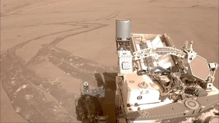 A photo taken by the Perseverance rover during its journey across Mars.