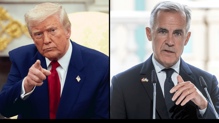 On the right, Canadian Prime Minister Mark Carney; on the left, U.S. President Donald Trump.