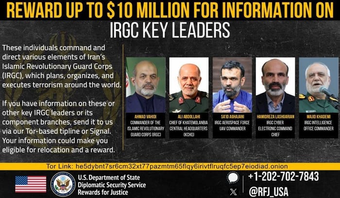 US Offers $10 Million Bounties for Information on Senior IRGC Commanders