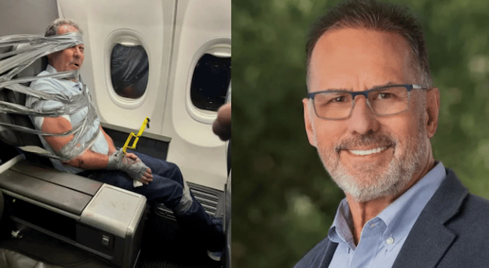 Lyle Arthur Lundin, right, restrained during the flight, left
