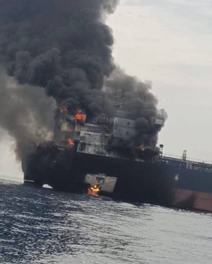Ship ablaze in the Strait of Hormuz