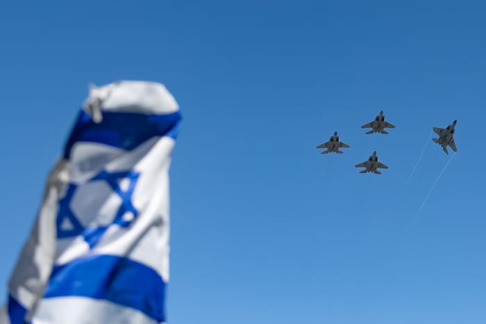IAF fighter jets over Israeli flag, illustration