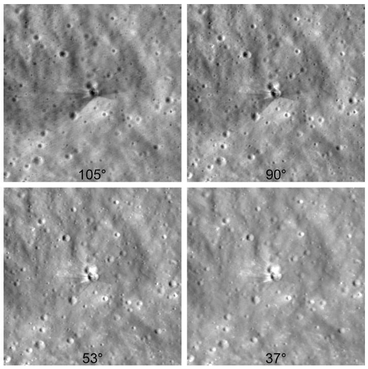 The Crater Formed by Falcon 9 Rocket Impact on the Moon in Four Lighting Angles