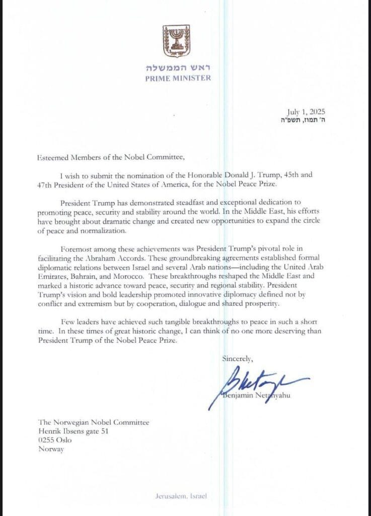 The letter from Netanyahu nominating Trump for the Nobel Peace Prize