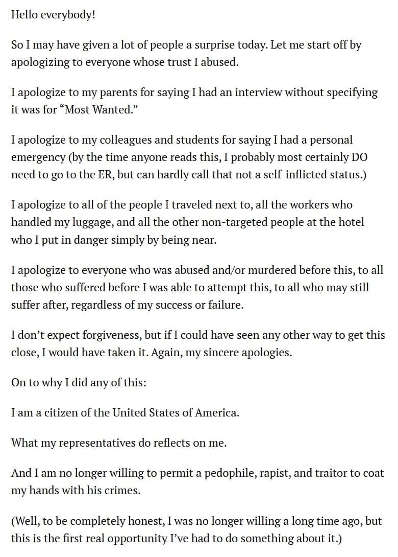 gunman Cole Tomas Allen's manifesto