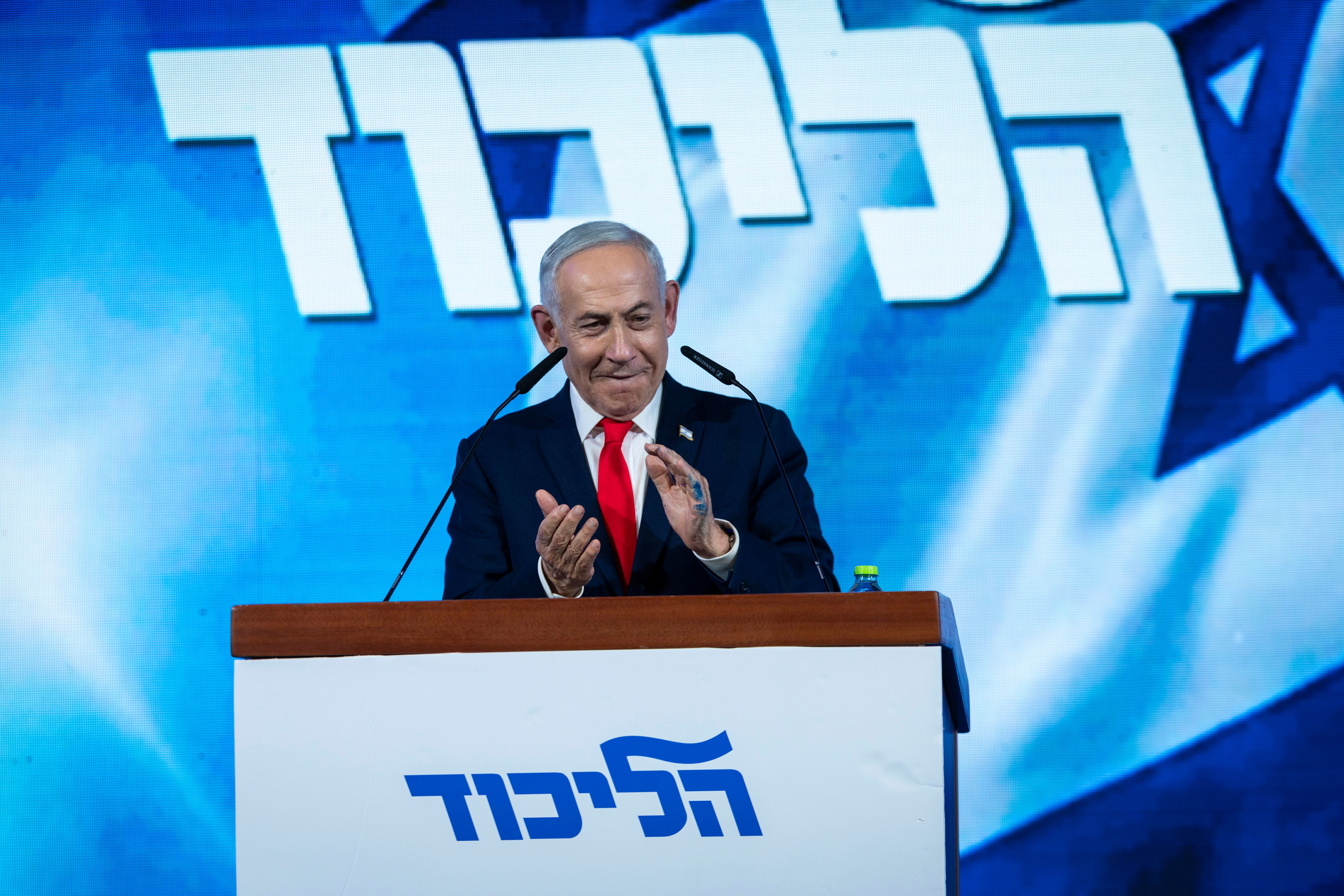 Netanyahu at his 2016 election victory speech