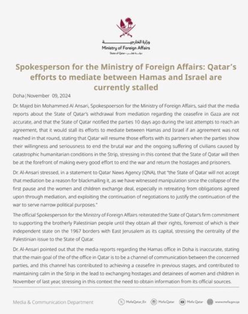 Qatar announces cessation of its role as mediator
