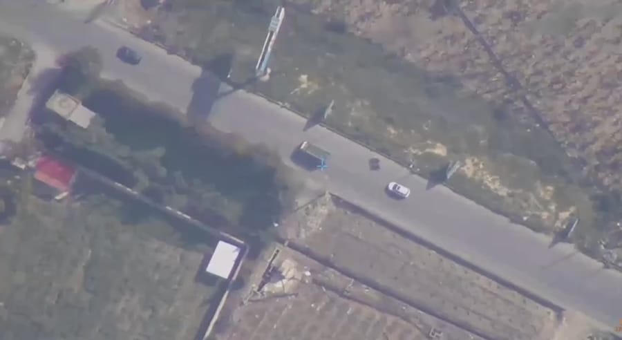 On the road, about to be struck from the air.