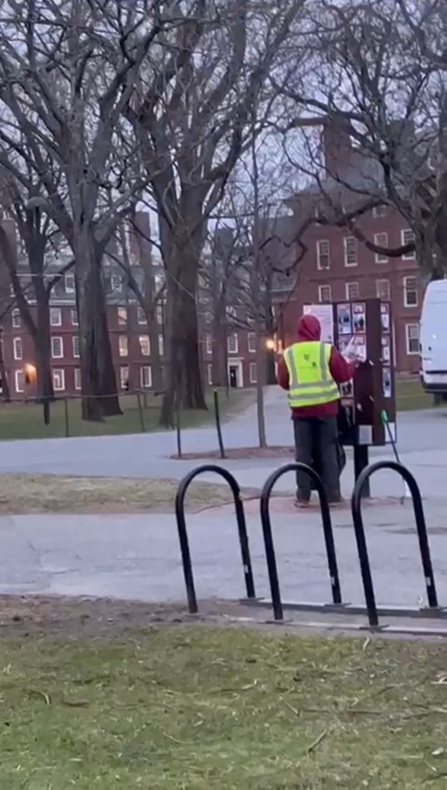 Harvard employee caught tearing down hostage posters.