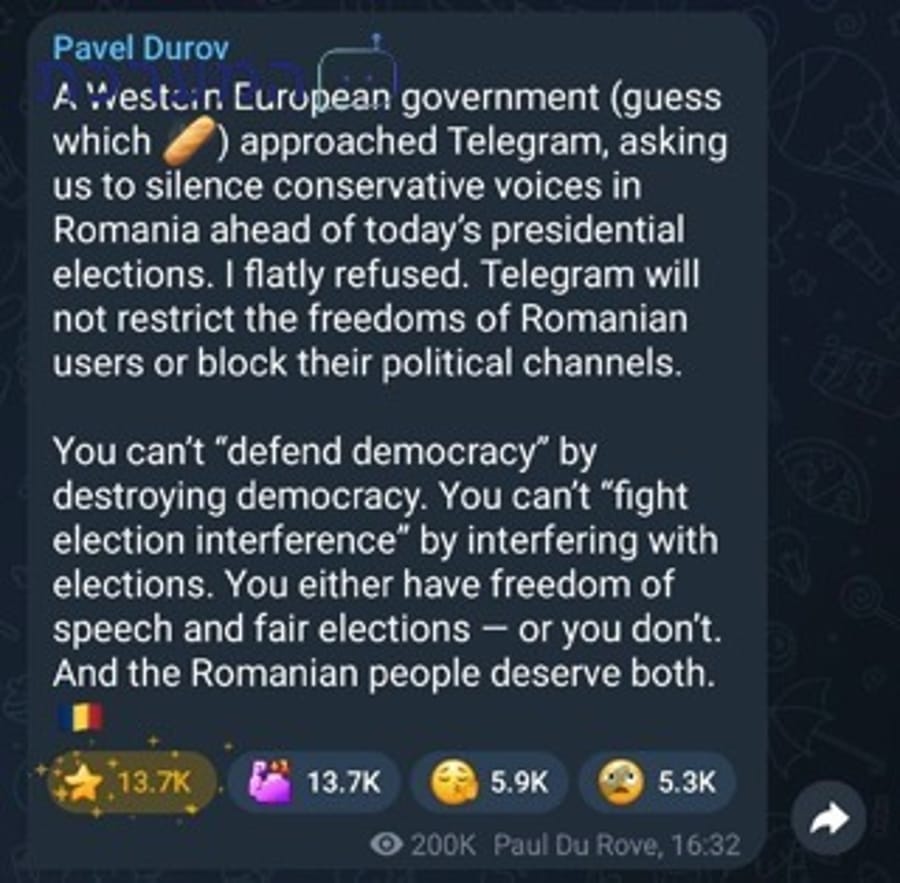 Romanian Elections Scandal: Telegram Founder Says France Asked to Censor Conservative Channels on Election Day