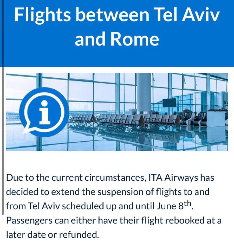 After Lufthansa, Italy’s ITA Airways Also Cancels Flights to Israel Through June 8