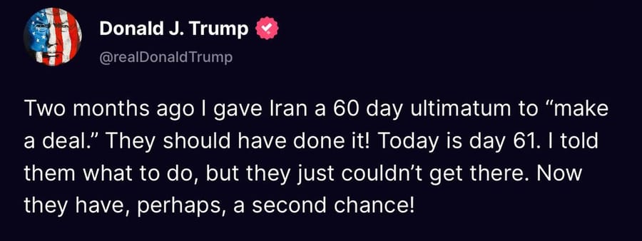 Trump: “I Gave Iran a 60-Day Ultimatum — Today Is Day 61. Now They Have a Second Chance”