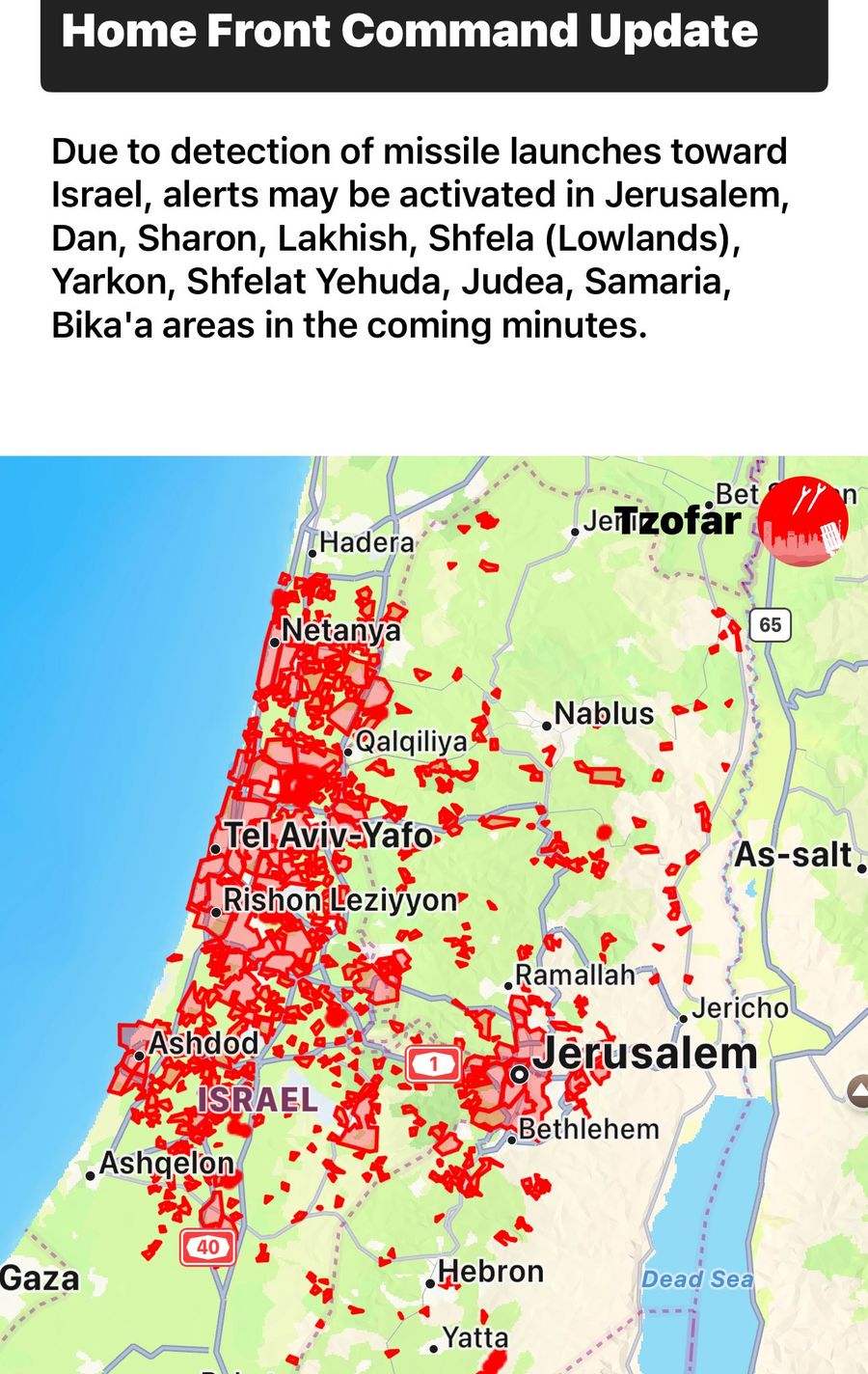 Rockets Expected Within Minutes in Central Israel