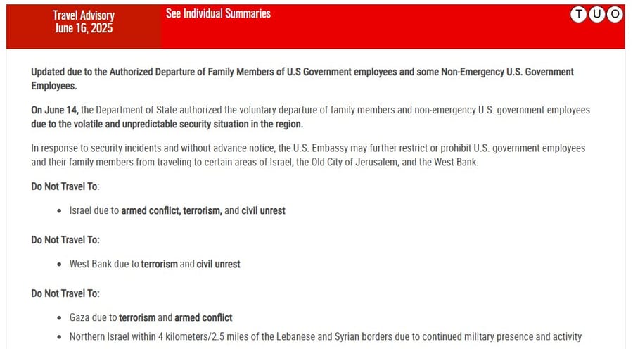 U.S. State Department Urges Americans Not to Travel to Israel