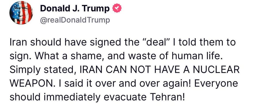 Trump Says “Iran Can Not Have A Nuclear Weapon” and Calls for Immediate Evacuation of Tehran