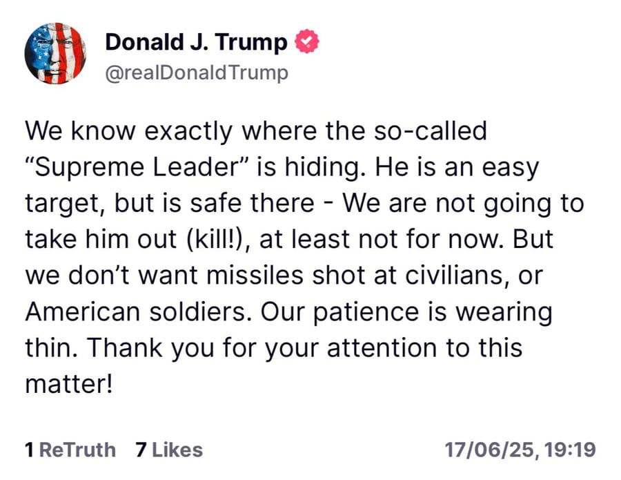 Trump: We know where Khamenei is, we're not going to kill him