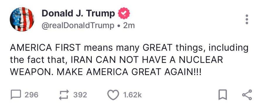 Trump doubles down:   "IRAN CAN NOT HAVE A NUCLEAR WEAPON. MAKE AMERICA GREAT AGAIN!!!"
