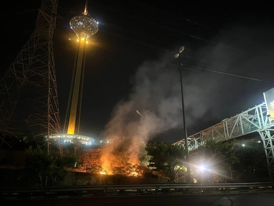Fires Erupt Near Milad Tower Green Zone in Tehran
