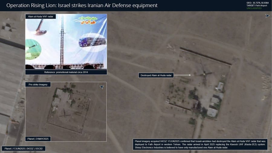 Destroyed: Alam al-Huda VHF Radar, located at Fath Air Base near the city of Karaj, Alborz Province, Iran.