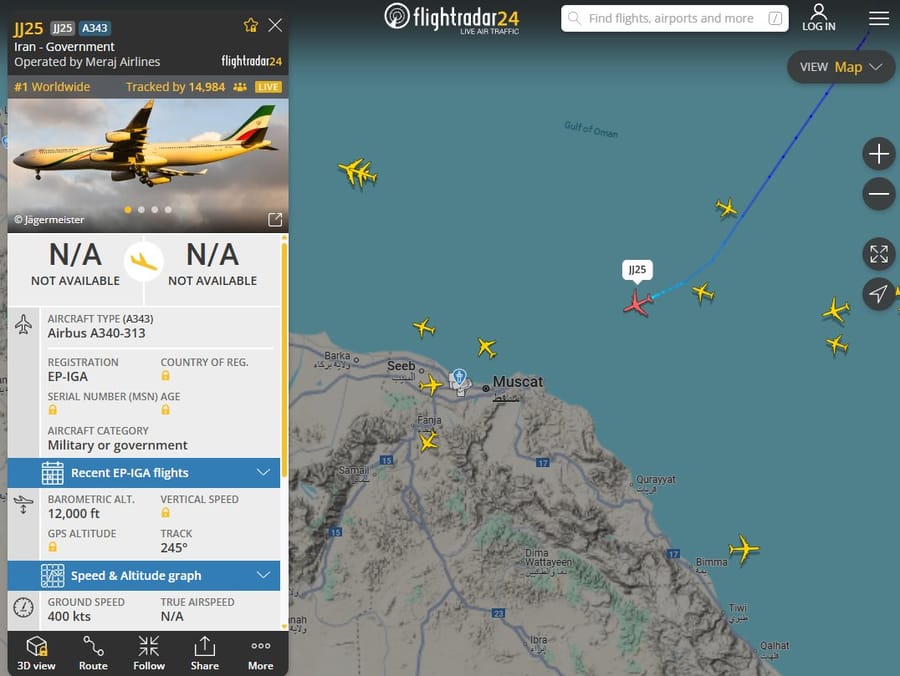 The Iranian Government A343 aircraft is currently descending toward Muscat, Oman.