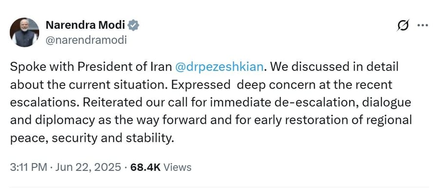 India’s PM Narendra Modi Discusses Escalations With Iranian President Pezeshkian, Calls For De-escalation And Dialogue