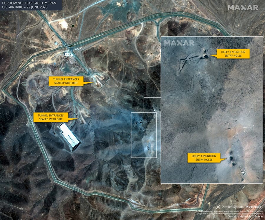 Fresh Maxar Images Reveal At Least 6 Munition Entry Holes Above Fordow Underground Complex