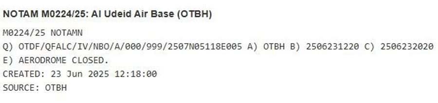 BREAKING: NOTAM Issued Over Al Udeid Airbase, Qatar