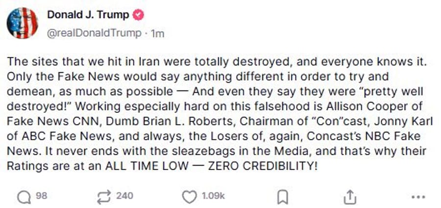 Trump Says Iran Nuclear Sites Were Completely Destroyed: “Everyone Knows It”