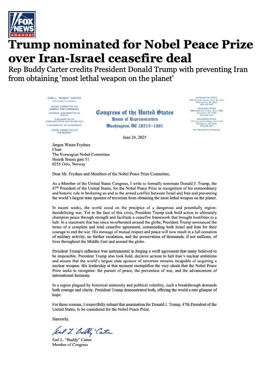 Trump Nominated for Nobel Peace Prize Over Israel-Iran Ceasefire