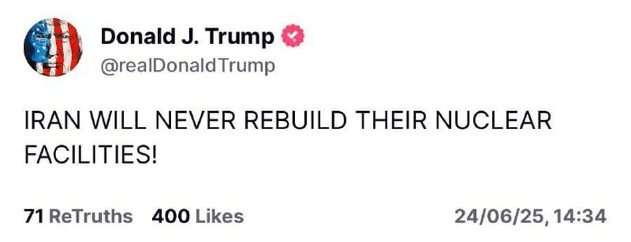 Trump in New Post: Iran Will Never Obtain Nuclear Weapons
