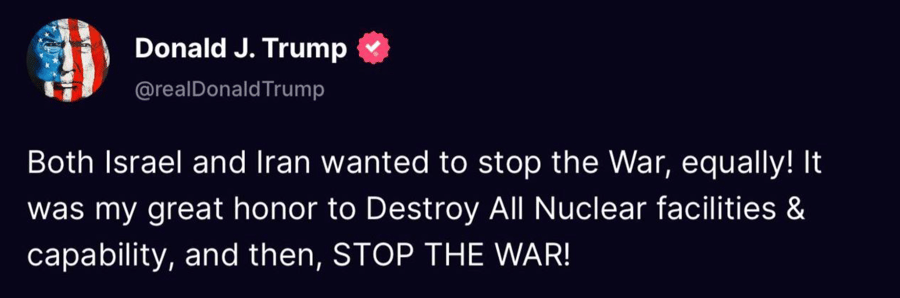 Trump: "An Honor to Destroy Iran’s Nuclear Capabilities — and Then End the War"