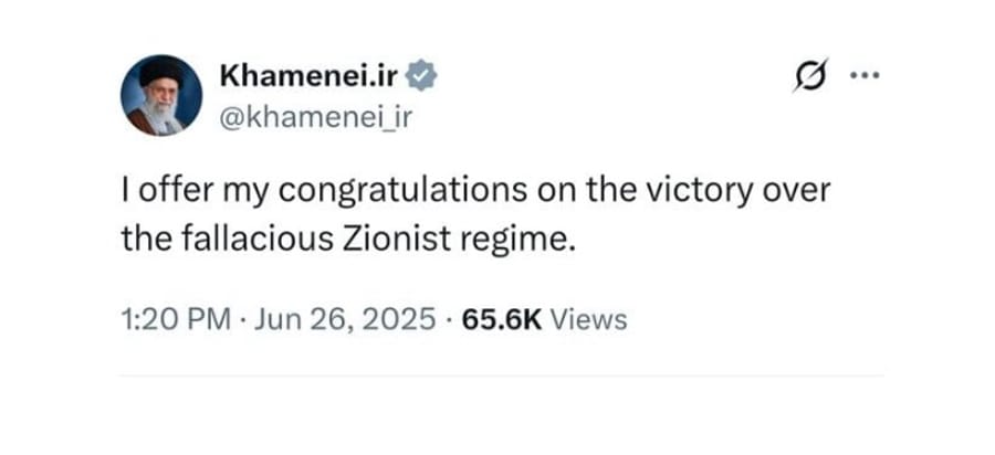 Khamenei's X just posted: "I offer my congratulations on [our] victory."