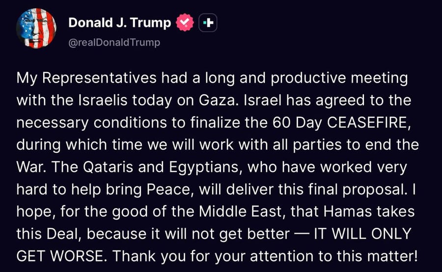 Trump: Israel Agrees to Terms for 60-Day Gaza Ceasefire Talks