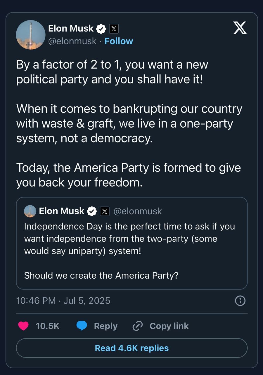 Elon Musk Launches New U.S. Political Party 