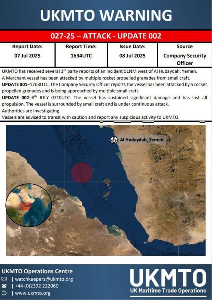  Merchant Vessel Struck and Disabled Off Yemen’s Coast