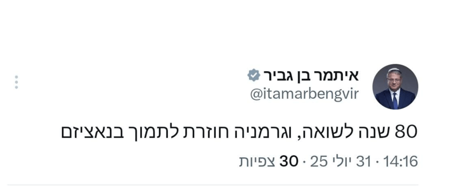 Ben Gvir: "Germany Is Supporting Nazism Again"