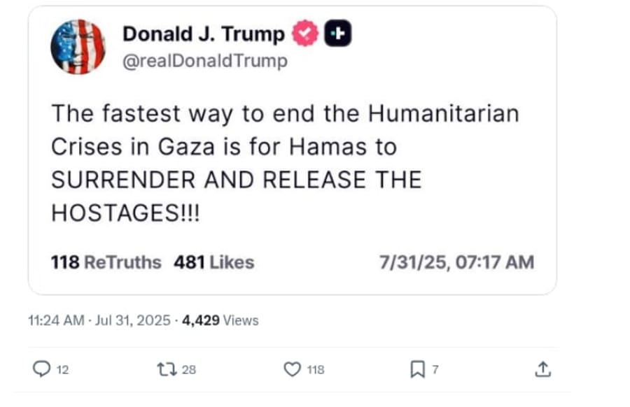Trump: Ending Gaza Crisis Requires Hostage Release