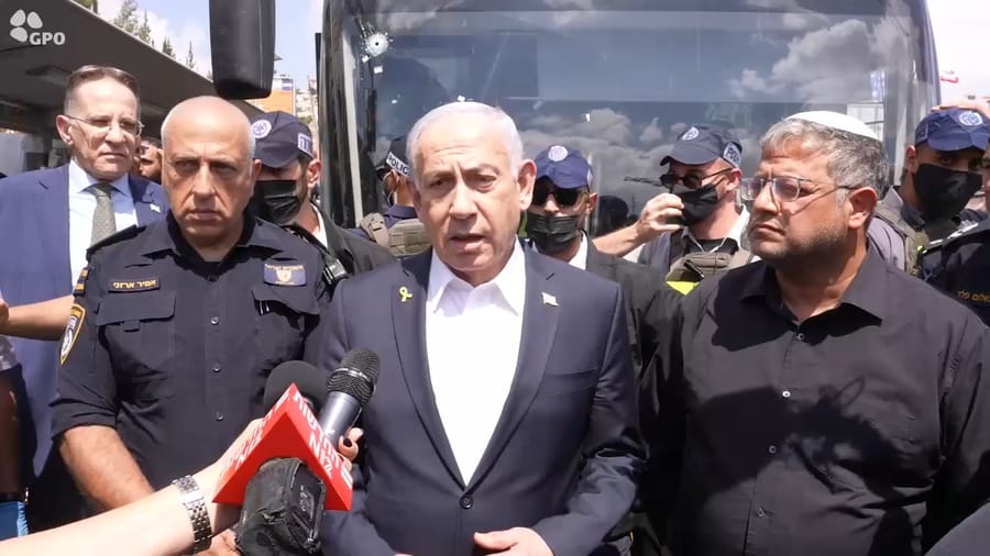 Netanyahu at the scene of the terror attack in Ramot, Jerusalem, 8 September 2025
