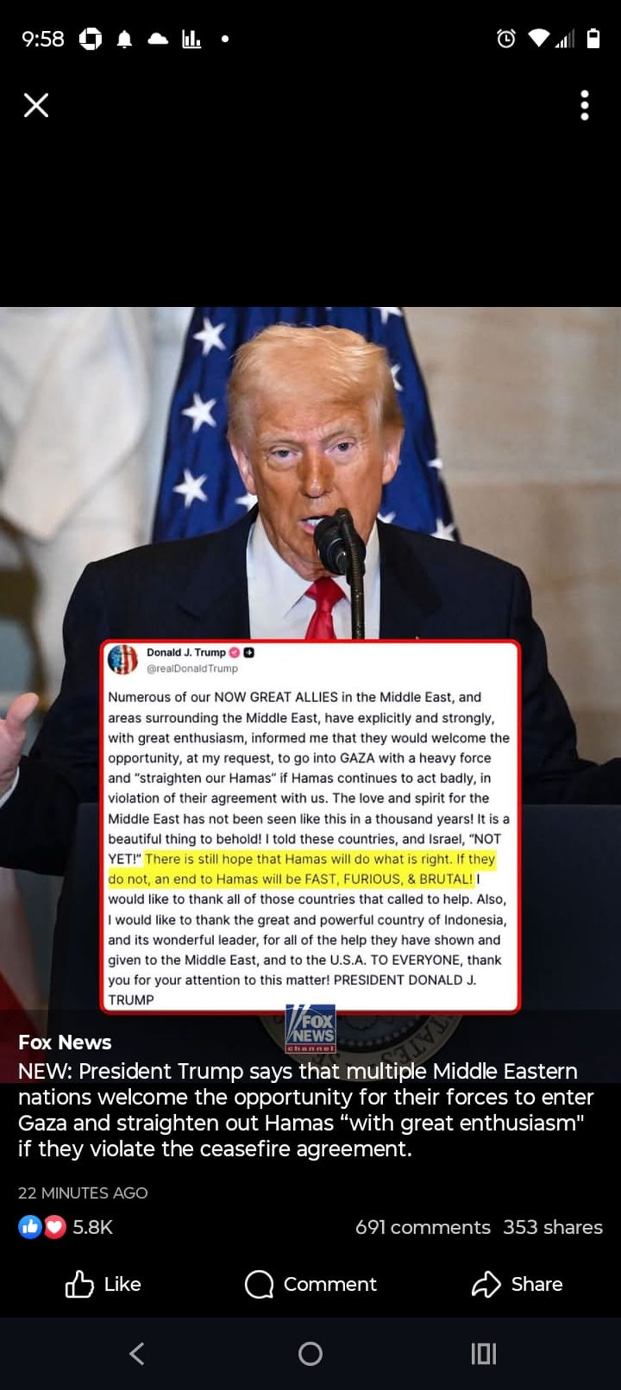 Trump: U.S. Allies Ready “Heavy Forces” for Gaza
