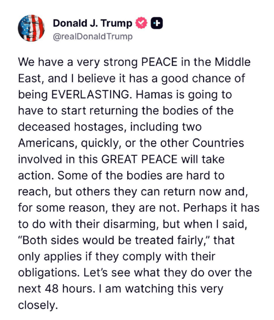 Trump threatens Hamas: You have 48 hours to start to return slain hostages