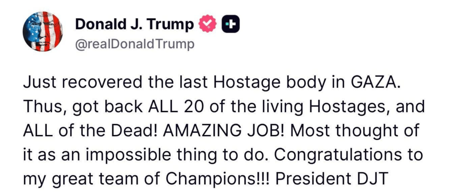 President Trump Celebrates Recovery of Final Gaza Hostage